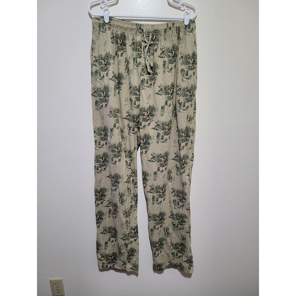 NorthCrest Lounge Pants Mens‎ XL Tan Green Deer Forest Print Cotton Lounge